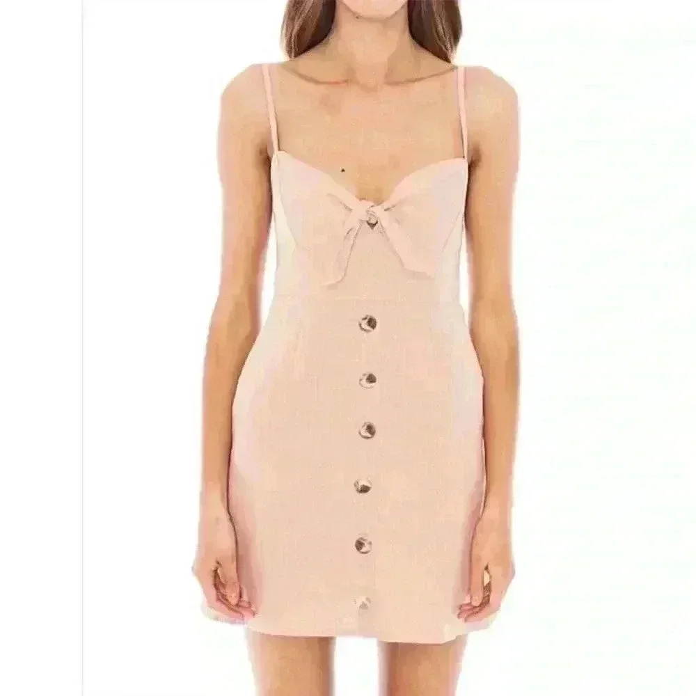 Faithful the Brand Rodeo Pink Linen Button Up Tie-Front Mini Skater Summer Dress - Picture 6 of 15